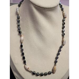 Vintage Hematite and Shell Necklace Grounding Energy, Focus, Emotional Stability